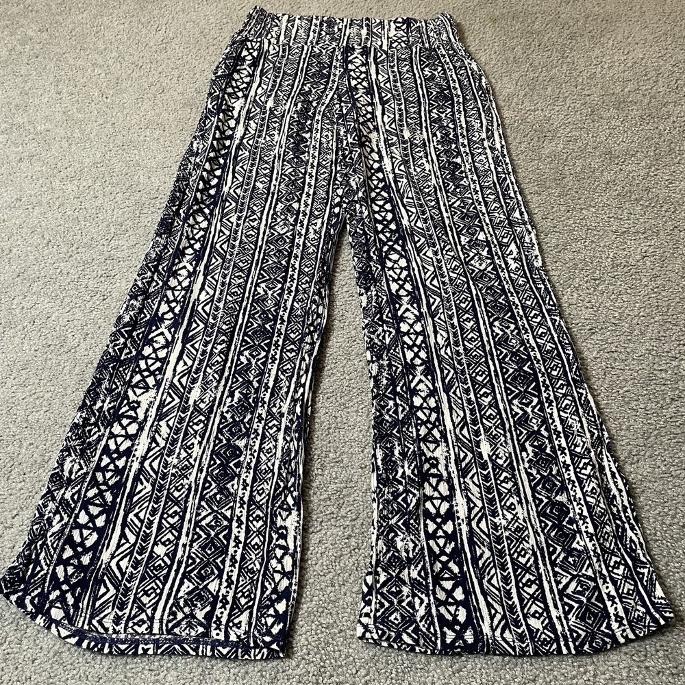 3 Dots Wide Leg Pants Womens Sz S Blue Abstract Pull On Boho Beach Festival City